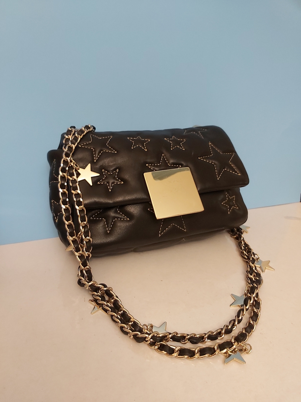 Black Star-Accent Quilted Leather Shoulder Bag with Gold Chain - Picture 2 of 16